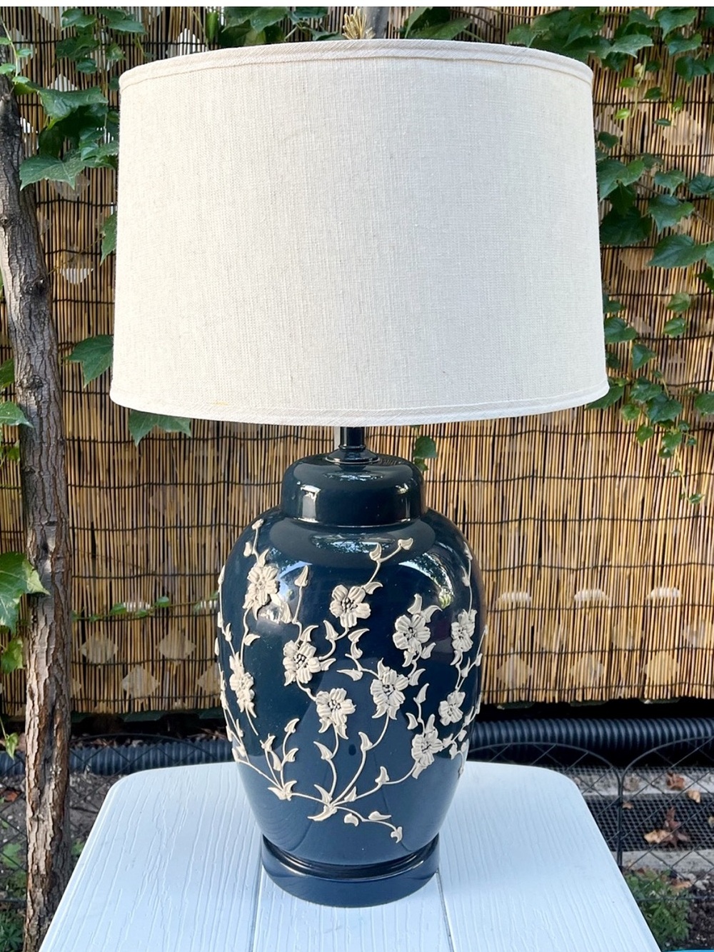 🆕 Listing!  Vintage | Navy Impasto Floral Ceramic Table Lamp